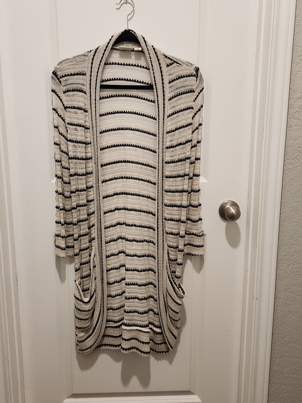Cato Striped Open-Front Long Cardigan Sweater - Cream/Black Size Large